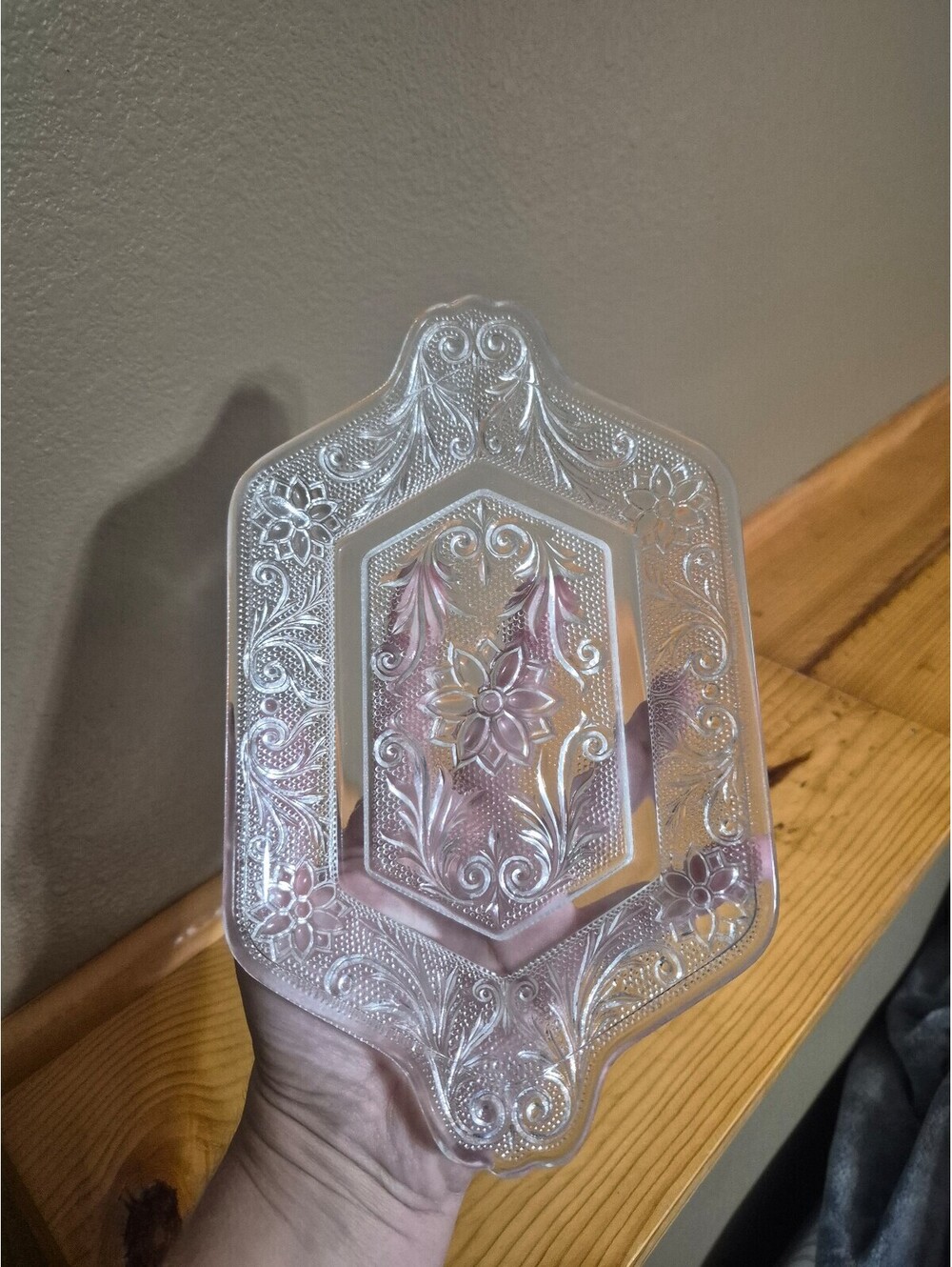 Vintage Clear Pressed Glass Relish Dish Floral Scroll Pattern Handled Tray